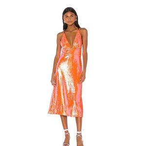 Song of Style Radiant Orange Sequin Midi Dress